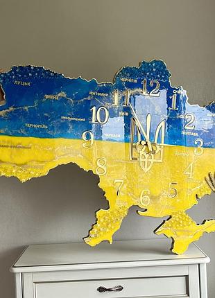 Годинник настінний з епоксидної смоли "карта україни" 100х64 см