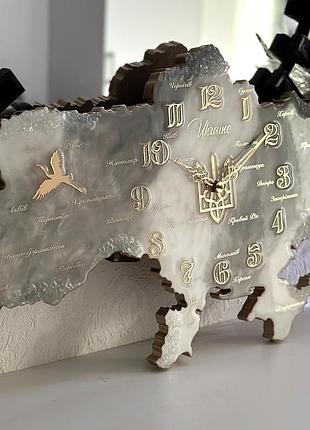 Годинник настінний з епоксидної смоли "карта україни" 150х100 см