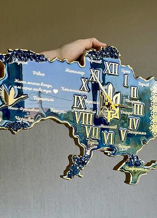 Годинник настінний з епоксидної смоли "карта україни" 130х83 см