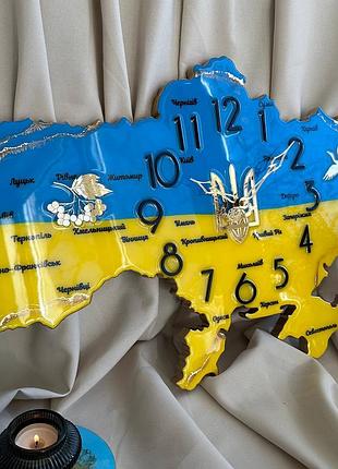 Годинник настінний з епоксидної смоли "карта україни" 150х100 см