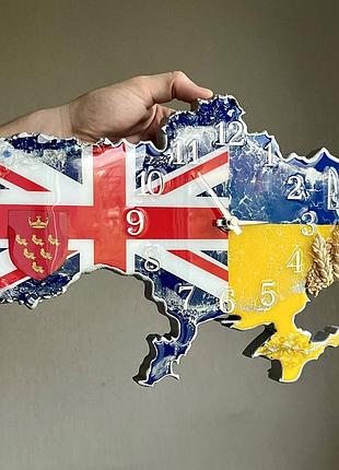 Часы настенные из эпоксидной смолы "карта украины с великобританией" 60х38 см