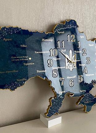 Годинник настінний з епоксидної смоли "карта україни" 60х38 см