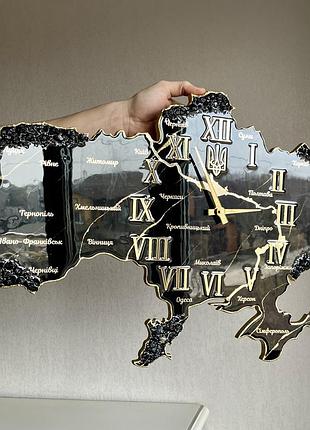 Годинник настінний з епоксидної смоли "карта україни" 90х57 см