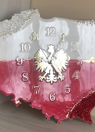 Часы настенные из эпоксидной смолы "карта польши" 50x45 см
