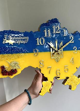 Годинник настінний з епоксидної смоли "карта україни" 80x53 см