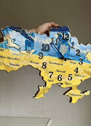 Годинник настінний з епоксидної смоли "карта україни" 60х38 см