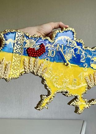 Годинник настінний з епоксидної смоли "карта україни" 80х51 см
