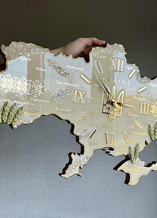 Годинник настінний з епоксидної смоли "карта україни" 90х57 см