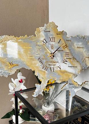Годинник настінний з епоксидної смоли "карта україни" 80x55 см