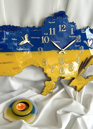 Годинник настінний з епоксидної смоли "карта україни" 140х94 см