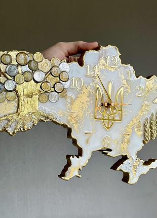 Часы настенные из эпоксидной смолы "карта украины" с денежным деревом 90х57 см