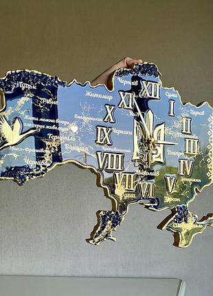 Годинник настінний з епоксидної смоли "карта україни" 150х100 см