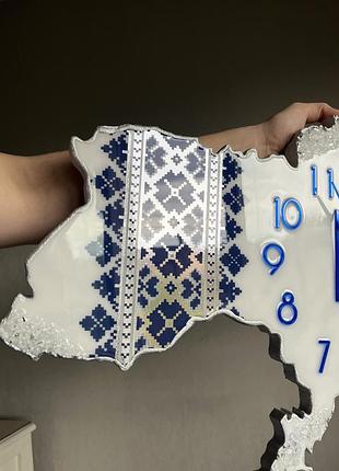 Годинник настінний з епоксидної смоли "карта україни" 120х76 см