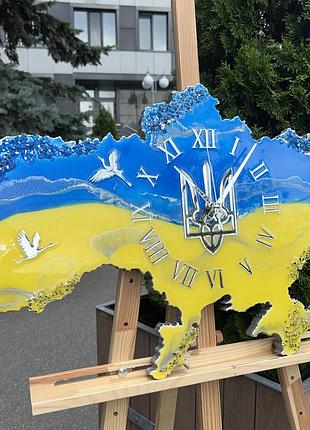Годинник настінний з епоксидної смоли "карта україни" 140х92 см