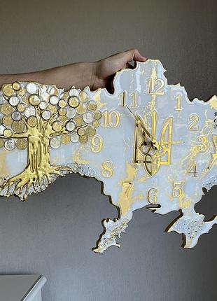 Часы настенные из эпоксидной смолы "карта украины" с денежным деревом 50х32 см