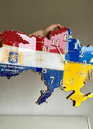 Часы настенные из эпоксидной смолы "карта украины с нидерландами" 140х90 см
