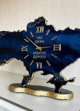 Часы настольные для шефа из эпоксидной смолы "карта украины" 50х32 см