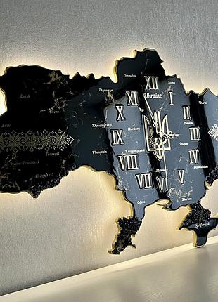 Годинник настінний з епоксидної смоли з led-підсвіткою "карта україни" 120х76 см