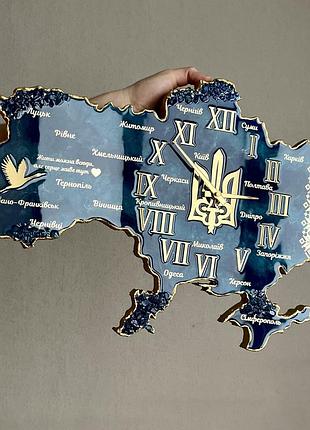 Годинник настінний з епоксидної смоли "карта україни" 140х90 см