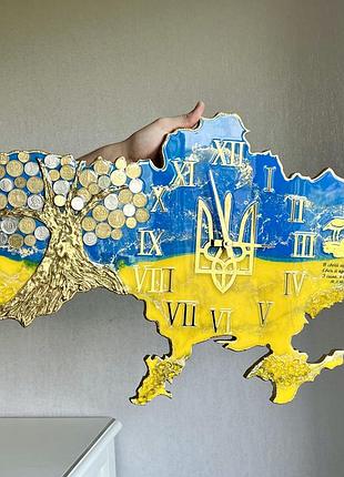 Часы настенные из эпоксидной смолы "карта украины" с денежным деревом 150х100 см