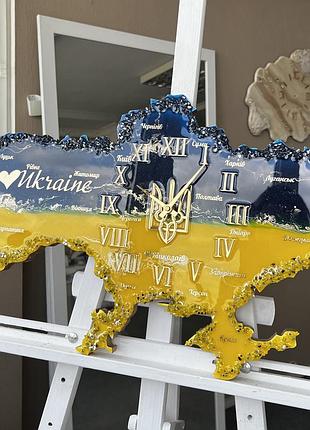 Часы настенные из эпоксидной смолы "карта украины" 40x25 см