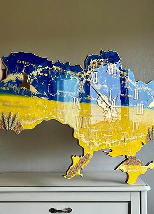 Годинник настінний з епоксидної смоли "карта україни" 120х76 см