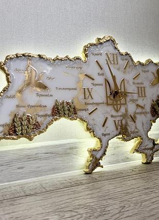 Часы настенные из эпоксидной смолы с led-подсветкой "карта украины" 100х64 см