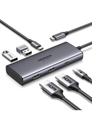 Хаб ugreen cm498 6 в 1 usb-c 2x hdmi 8k 30hz usb 3.0 pd 100w 20 см серый