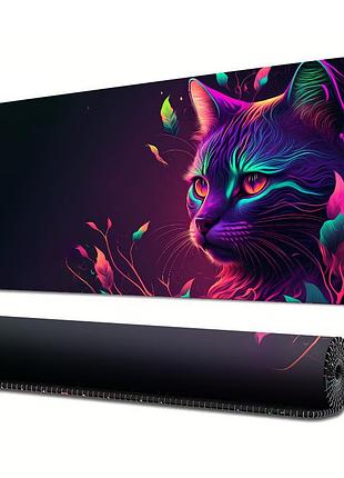Великий коврик для миші з фантастичним неоновим котом, 800×300×3 мм