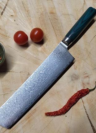 Накири - японский нож из 67-слойной дамасской стали для мяса, овощей с лезвием 17 см