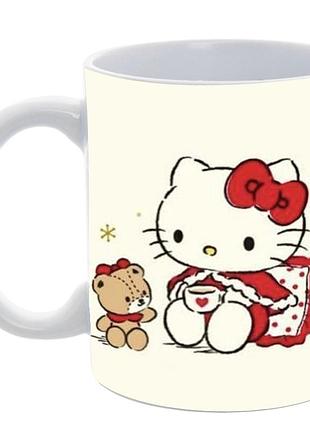 Кружка “hello kitty & teddy” 330 мл — кремова чашка з ведмежам, сублімаційний принт