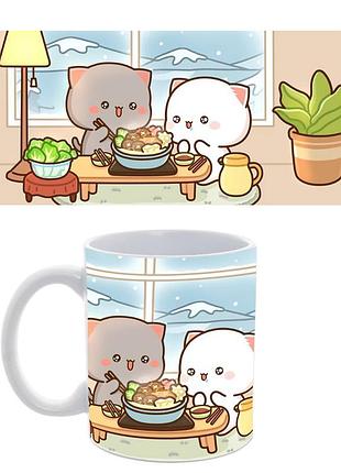 Кружка з кошенятами peach&gomo «snowy dinner» 330 мл— керамічна кружка з милими котиками та зимовим пейзажем,сублімаційний друк