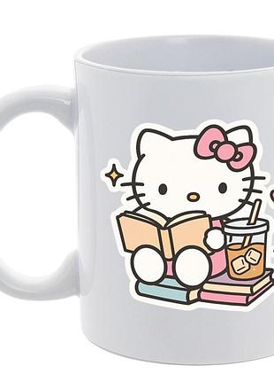 Кружка “hello kitty book lover” 330 мл — мила чашка з хеллоу кітті,кошеня з книжкою, сублімаційний друк