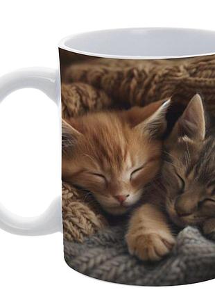 Кружка «sleepy kittens» 330 мл — милі котики в пледі, керамічна чашка з атмосферним принтом, сублімаційний друк