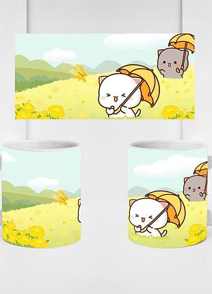 Кружка з кошенятами peach&gomo «пригода під парасолькою» — керамічна кружка з милими котиками,сублімаційний друк