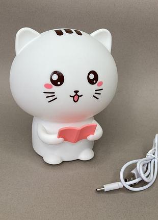 Детский безопасный силиконовый ночник led, с usb зарядкой «котик» аккумуляторный светильник 3 режима работы