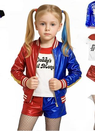 Дитячий костюм харлі квінн для хеллоуїна (harley quinn) - комплект (куртка, шорти, футболка, рукавичка, колготки) 160