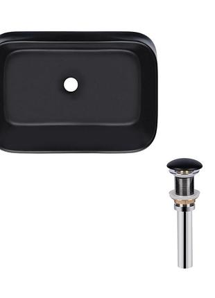Комплект qtap scorpio: раковина накладна прямокутна 550х390х120 мм matt black + донний клапан pu03