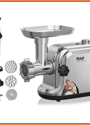 Электрическая мясорубка raf r.3398 1200 вт с реверсом, мясорубка для дома с насадками для колбас и кеббе, 3 решетки, металлический