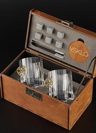 Подарочный набор leo 2: граненые стаканы со вставкой дрон + камни для охлаждения напитков + костер 2 шт.