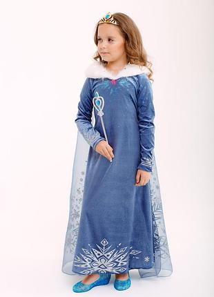 Платье эльзы велюровое с мехом и длинным шлейфом для девочки 2-10 лет 140