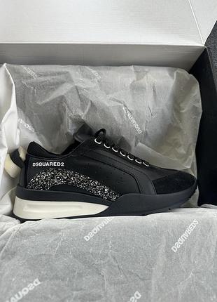 Шкіряні жіночі чорні кросівки з глітером dsquared2