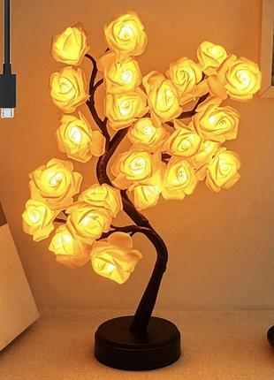 Настільний світильник дерево з трояндами 24led, від usb та батарейок, жовтий