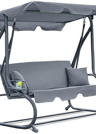 Садова гойдалка - лежак 2в1 "relax plus" funfit​​​​​​​ 3 місна, з навісом і подушками, для двору, саду, тераси (сіра)