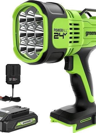 Мощный аккумуляторный прожекторный светодиодный светильник greenworks g24slк2 24 в 3000 люменов с акб 2ач изу