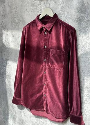 H&m велюрова сорочка на ґудзиках, довгий рукав, стиль old money, бордова, чоловіча, розмір s
