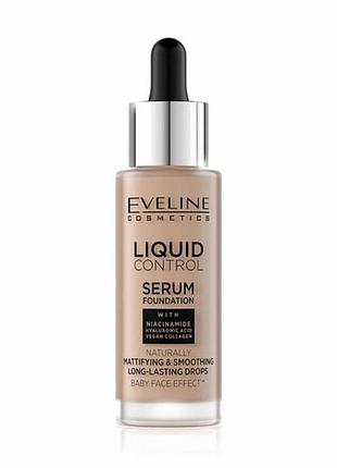 Рідка тональна основа для обличчя eveline cosmetics liquid control hd mattifying drops foundation 035 natural beige, 32 мл