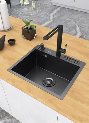 Кухонная мойка nett nb-5245 52×45 см черный металлик, накладная, толщина 1,5 мм, из нержавеющей стали 304