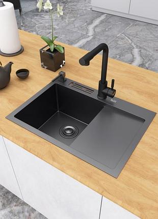 Кухонная мойка nett nb-6045r 600*450*230 мм накладная, из нержавеющей стали 304 черная, 1мм, правое крыло