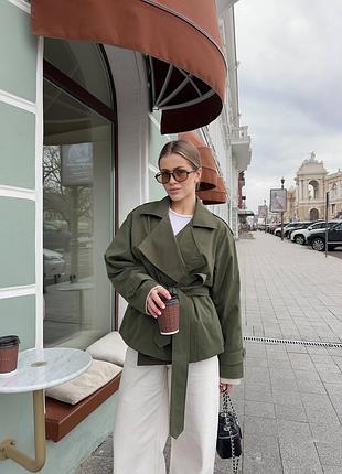 Тренч жіночий стильний короткий з поясом котон на підкладці хакі 42-46